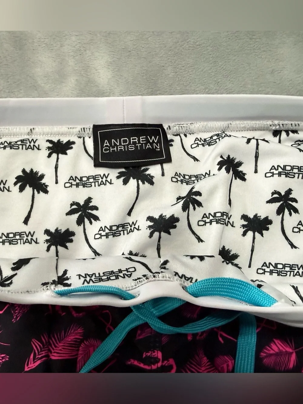 Andrew Christian Black Square Cute bathing suit with Pink Flamingo Print. Mens M